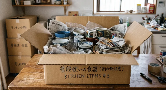 段ボールに詰めた普段づかいの食器の写真